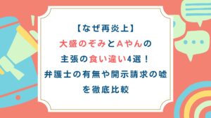 【なぜ再炎上】大盛のぞみとAやんの主張の食い違い4選！弁護士の有無や開示請求の嘘を徹底比較